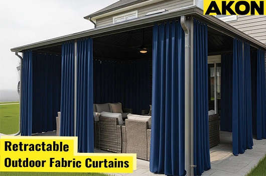 Outdoor fabric retractable curtains providing shade and privacy for patios by AKON