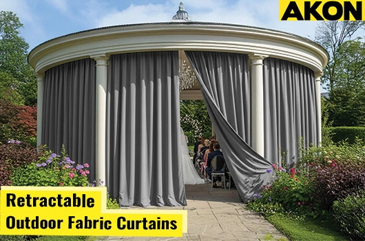 Outdoor fabric retractable curtains offering effective sun protection and shade by AKON