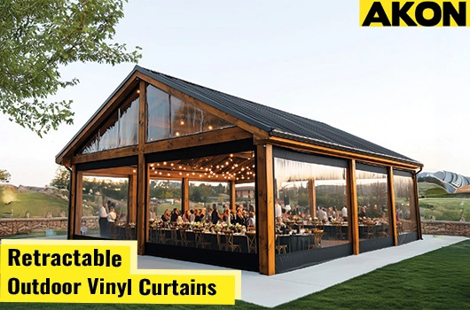 Retractable outdoor vinyl curtains for patios offering weather protection and privacy by AKON