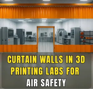 3D printing laboratory enclosed with orange curtain walls for air safety and fume containment