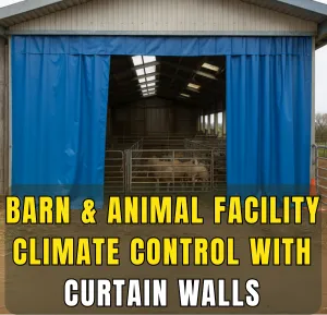 Barn with blue curtain walls for animal facility climate control, temperature, and airflow management