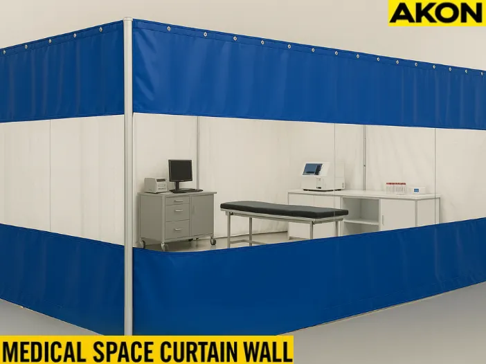 Blue curtain wall enclosing a clean medical setup with exam table and lab equipment, showcasing Pop-Up Medical Labs, Testing Stations, and Isolation Areas with Curtain Walls