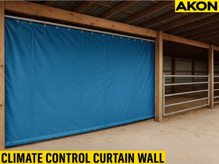 Blue industrial curtain wall installed in a barn for climate control in barns and animal facilities, providing insulation and separation for livestock areas