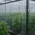 Clear industrial curtain walls sectioning off cannabis plants inside a commercial greenhouse