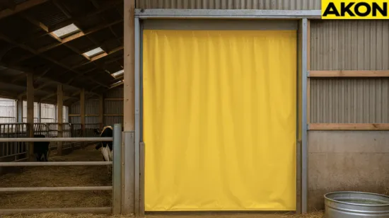 Climate control in barns and animal facilities using a bright yellow industrial curtain wall to maintain temperature and protect livestock inside a modern barn