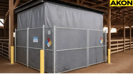 Climate control in barns and animal facilities using a gray industrial curtain wall enclosed by chain-link fencing inside a wooden barn structure