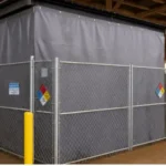 Climate control in barns and animal facilities using a gray industrial curtain wall enclosed by chain-link fencing inside a wooden barn structure
