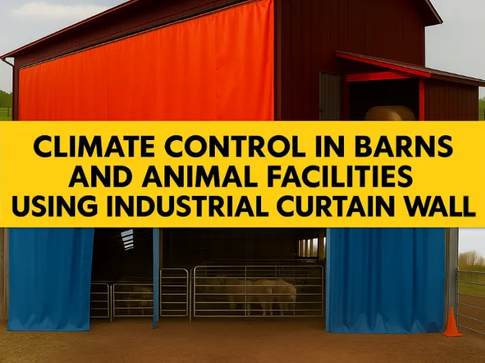 Climate control in barns and animal facilities using industrial curtain walls, showing red and blue curtains installed on agricultural buildings for temperature and airflow management