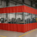 Create a Lean Manufacturing Layout Using Curtain Walls to separate CNC machines, robotic arms, and workstations for improved workflow and efficiency