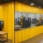 Create a Lean Manufacturing Layout Using Curtain Walls to separate robotic arms, CNC machines, and workstations for efficient, organized production zones