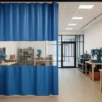 How to turn an empty retail storefront into a functional workshop using curtain partitions, featuring a blue industrial curtain with a clear center panel, separating organized workbenches, tools, and machinery in a clean, well-lit space