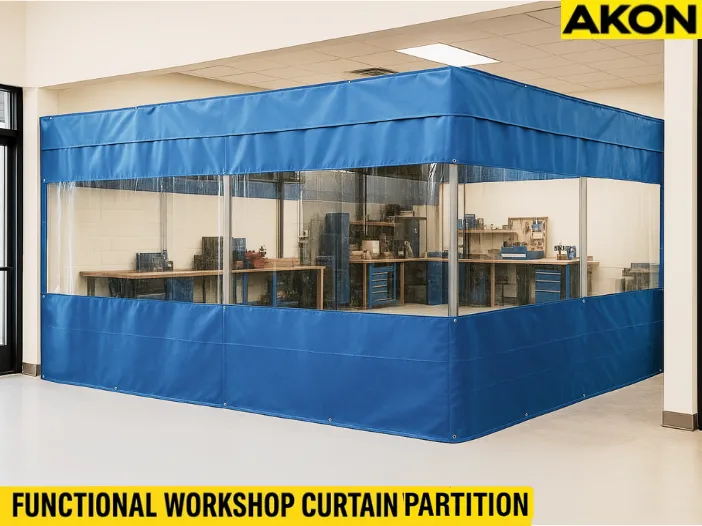 How to turn an empty retail storefront into a functional workshop using curtain partitions, featuring a blue vinyl curtain wall with clear center panels enclosing a workspace with organized benches and tools