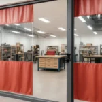 How to turn an empty retail storefront into a functional workshop using curtain partitions, featuring clear panels with red fabric sections, offering visibility into a well-organized workspace with workbenches and shelving