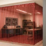 How to turn an empty retail storefront into a functional workshop using curtain partitions, featuring red transparent PVC strip curtains enclosing a well-organized workspace with workbenches, shelves, and tools