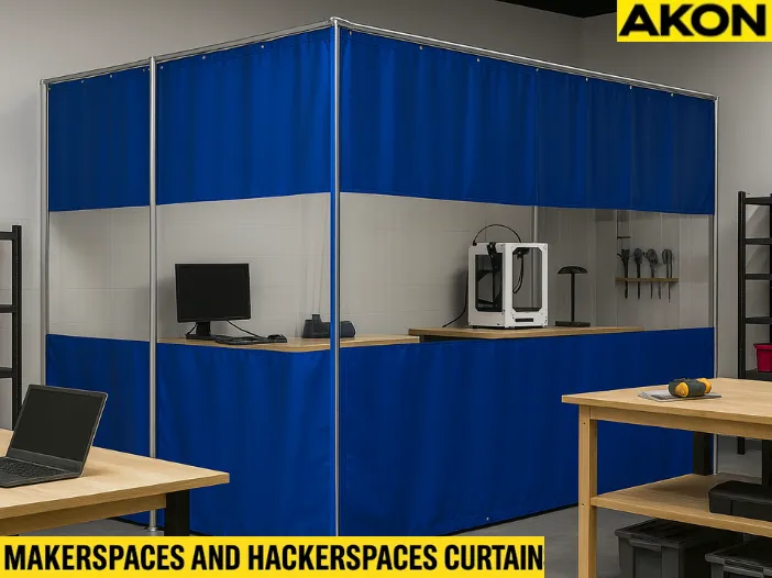 Industrial blue vinyl curtains enclosing a makerspace workstation with computers and a 3D printer, showing how makerspaces and hackerspaces use curtains to create dedicated zones