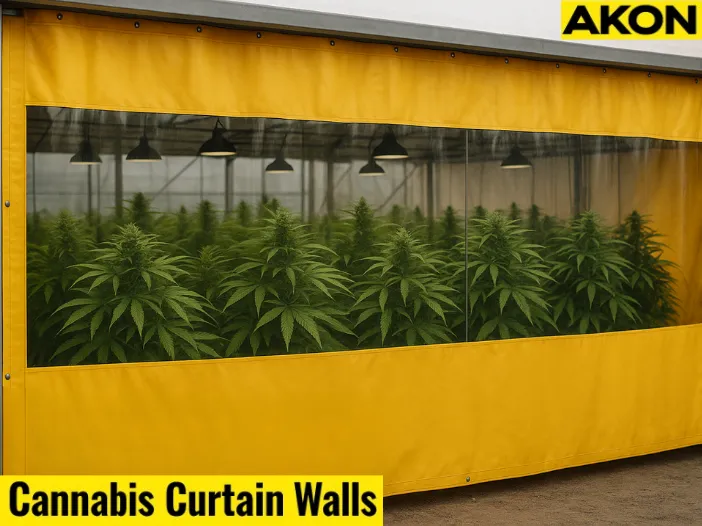 Industrial curtain walls enclosing a cannabis grow room with yellow vinyl panels and a clear center window, used to prevent cross-contamination between strains