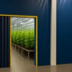 Industrial curtain walls in a cannabis cultivation facility, separating grow areas to prevent cross-contamination between strains