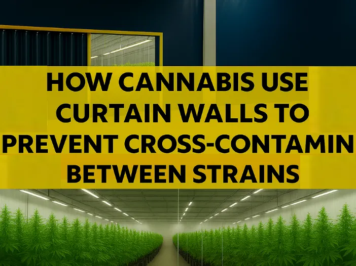 Industrial curtain walls in a cannabis cultivation facility, used to separate grow areas and prevent cross-contamination between strains, with bold yellow text overlay explaining their purpose