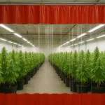 Industrial curtain walls separating cannabis grow rooms, featuring red vinyl borders and clear panels to prevent cross-contamination between plant strains