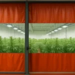 Industrial curtain walls separating cannabis grow rooms to prevent cross-contamination, featuring clear PVC panels and red vinyl barriers in a controlled indoor cultivation facility