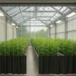 Industrial curtain walls separating cannabis grow rooms, featuring red vinyl borders and clear panels to prevent cross-contamination between plant strains