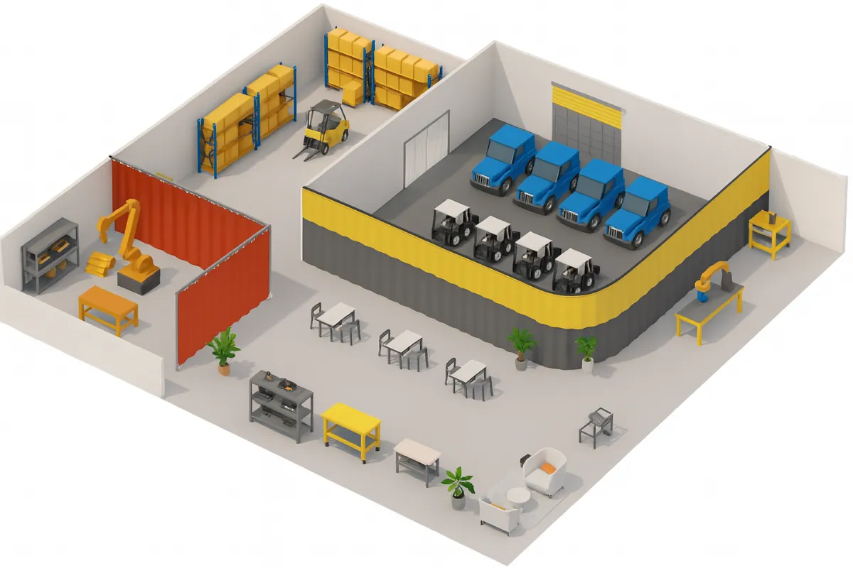 Isometric 3D illustration showing how to create a lean manufacturing layout using curtain walls, with modular partitions dividing work zones, assembly lines, and storage areas for improved efficiency and flexibility
