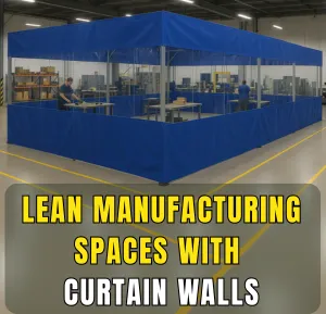 Lean manufacturing space divided with blue industrial curtain walls to create organized work zones