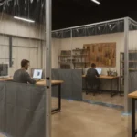 Makerspaces and Hackerspaces curtains with clear and gray panels creating separate work zones, featuring 3D printers, workbenches, and people working on laptops in a modern workshop