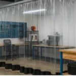 Makerspaces and hackerspaces curtains creating a clear partition around workbenches, tools, and 3D printers in a collaborative workshop
