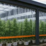 Outdoor cannabis greenhouse with clear industrial curtain walls for plant protection