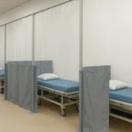 Pop-Up medical labs, testing stations, and isolation areas with curtain walls featuring clear and gray vinyl panels, hospital beds with blue mattresses, and private partitions
