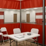 Pop-Up medical labs, testing stations, and isolation areas with curtain walls featuring red and clear vinyl panels, exam tables, and patient care stations
