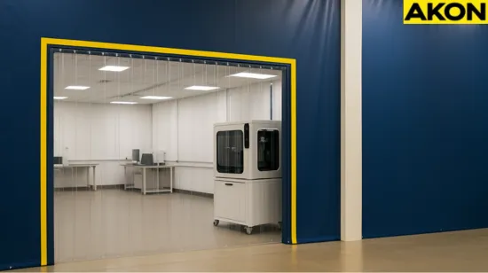 Using curtain walls to reduce airborne contaminants in 3D printing labs with blue and yellow enclosure and a large white 3D printer inside a clean workspace
