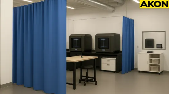 Using curtain walls to reduce airborne contaminants in 3D printing labs with full blue panels enclosing industrial printers for a cleaner workspace