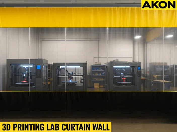 Using curtain walls to reduce airborne contaminants in 3D printing labs with yellow and clear PVC enclosure surrounding multiple 3D printers in operation