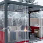 Backyard patio with string lights and Roll-up Clear Patio Curtains – Keep Your View in Winter, creating a festive and warm winter retreat