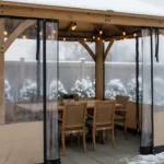 Beige pergola vinyl enclosure showing sealed gaps for winter use How to Seal Pergola Corners and Gaps for a Tight Winter Fit