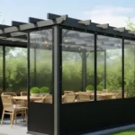 Black frame pergola with clear vinyl enclosures for Pergola Draft-Proofing Stop Wind Whistle Without Losing Light, keeping outdoor dining areas cozy and bright