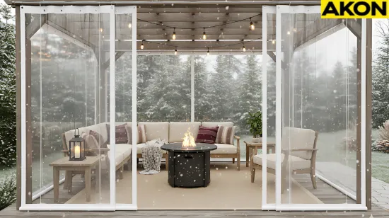 Black-trim vinyl curtain enclosure on louvered pergola with outdoor seating – Winterizing a Louvered Pergola – What Works and What to Avoid
