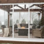 Black-trim vinyl curtain enclosure on louvered pergola with outdoor seating – Winterizing a Louvered Pergola – What Works and What to Avoid