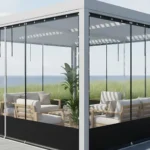 Black-trimmed pergola enclosure with clear vinyl panels, showcasing strength for coastal climates with salt, wind, and care resilience
