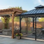 Black vinyl zippered panels on pergolas and gazebos when and how to use for insect control, weather protection, and year-round outdoor comfort