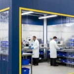 Blue curtain walls with yellow trim enclose quality control area for inspections, combining visibility panels with strong containment