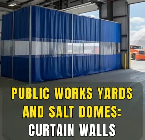 Blue industrial curtain walls enclosing equipment at a public works yard and salt dome facility
