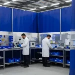 Blue industrial curtain walls used to enclose quality control area for inspections, creating a private and organized inspection zone