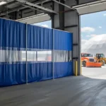 Blue vinyl Curtain Walls for City Public Works Yards and Salt Dome Storage Areas dividing interior work areas while maintaining clear supervision panel