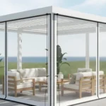 Bright white pergola enclosure with full clear vinyl coverage, ideal for coastal climates requiring salt, wind, and care protection