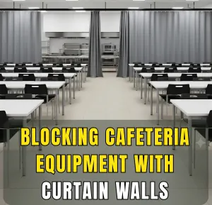 Cafeteria equipment blocked off with gray curtain walls to separate dining and prep areas