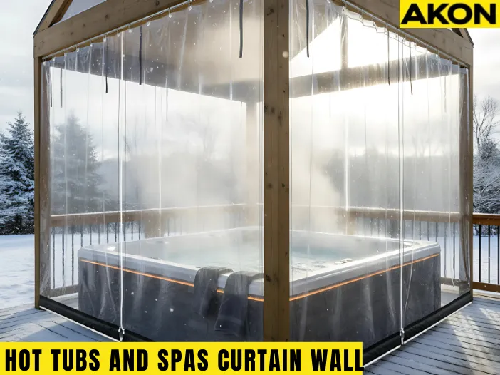 Clear Vinyl Curtains for Hot Tubs and Spas – How to Enclose For Winter, showing a cozy spa on a snowy deck protected by transparent vinyl panels