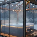 Clear Vinyl Curtains for Hot Tubs and Spas – How to Enclose for Winter featuring clear panels and string lights for a cozy winter spa